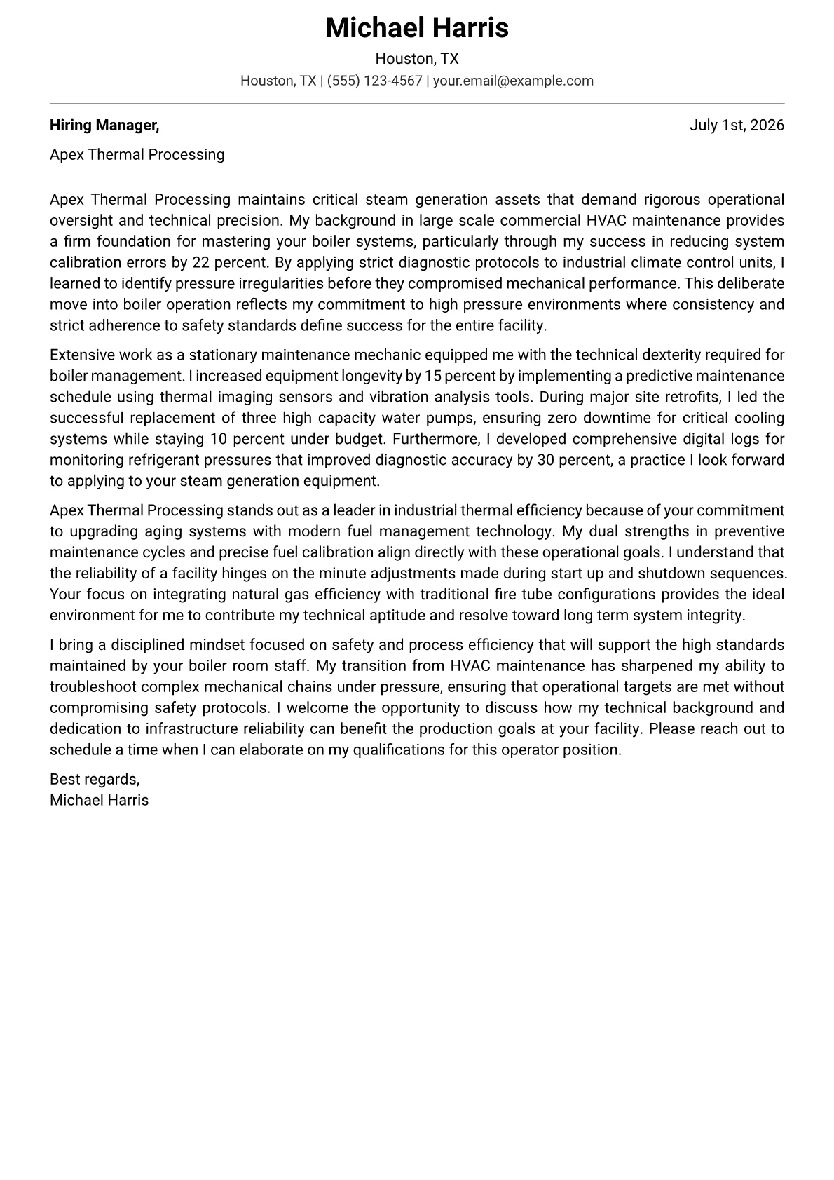 Boiler Operator cover letter in the Modern design