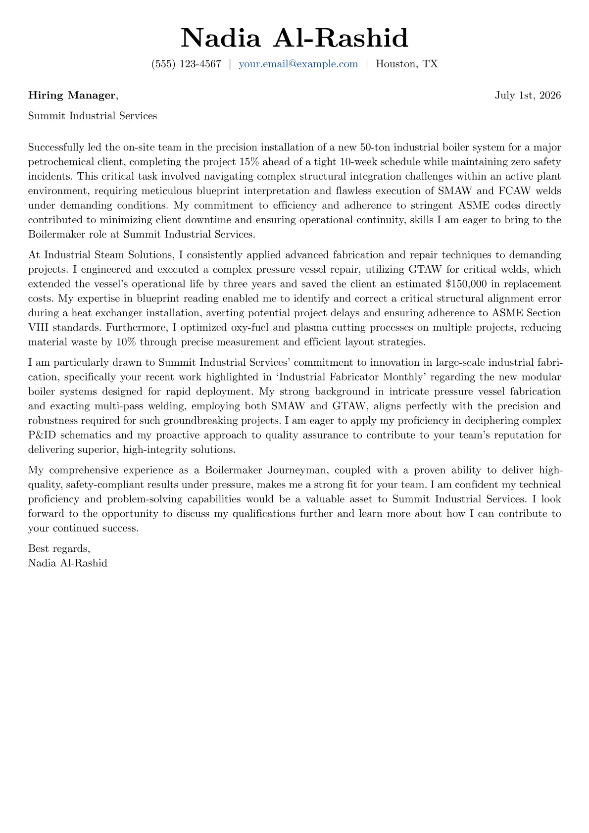 Boilermaker cover letter formatted with a JobSprout template
