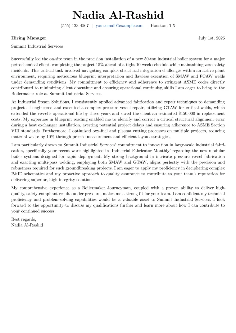 Boilermaker Cover Letter Example