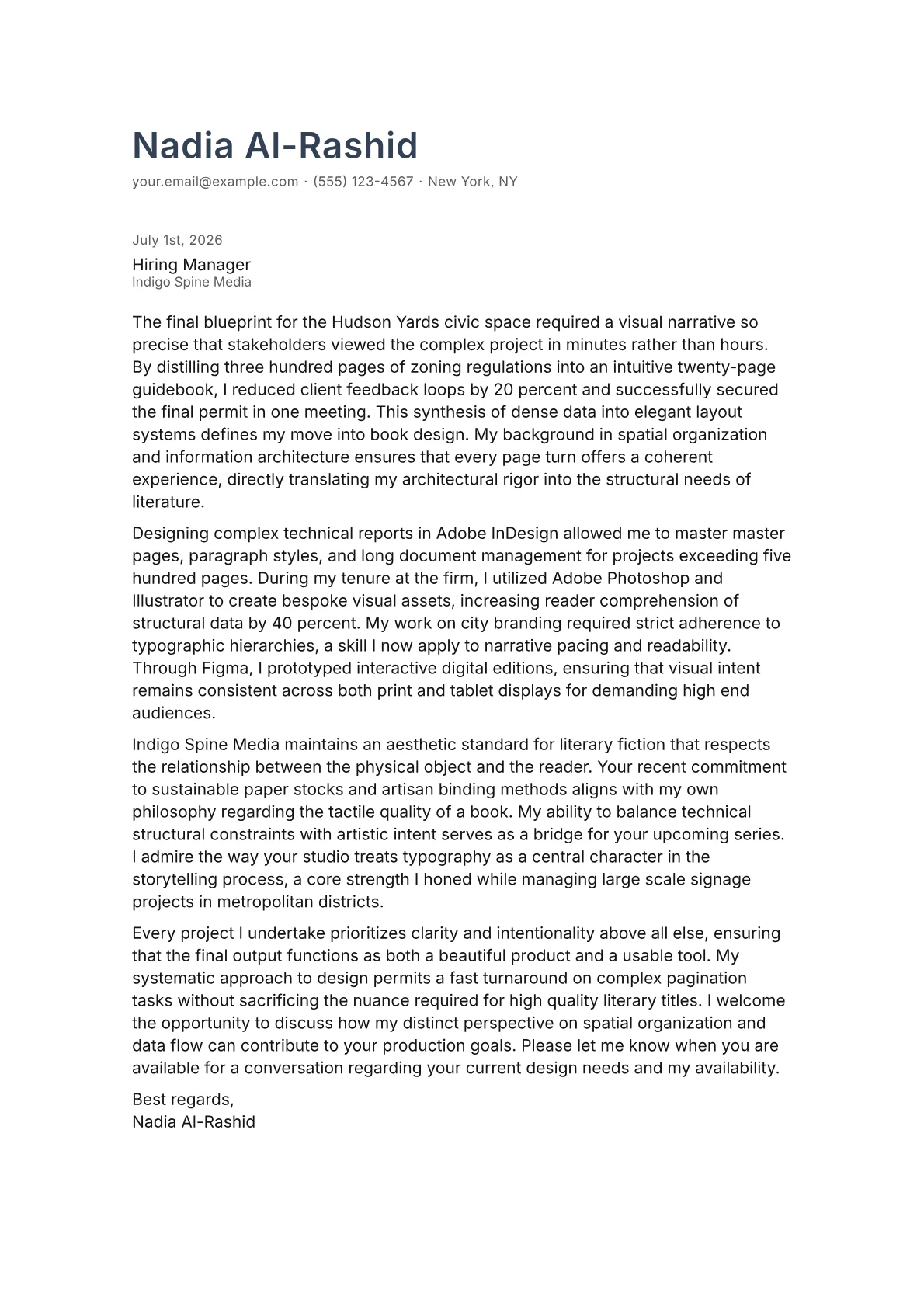 Book Designer cover letter in the Minimal design