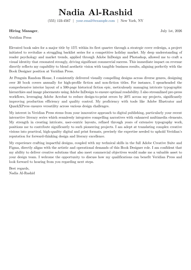 Book Designer Cover Letter Example