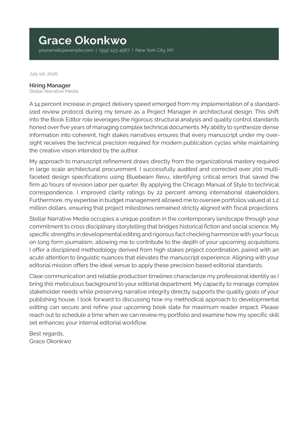 Book Editor cover letter in the Banner design