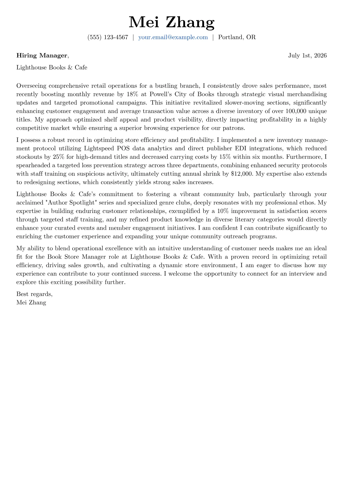 Book Store Manager cover letter formatted with a JobSprout template