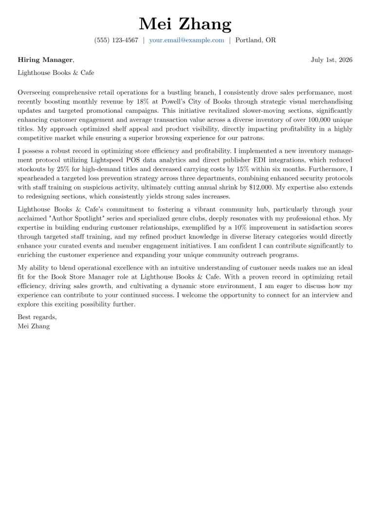Book Store Manager cover letter example preview