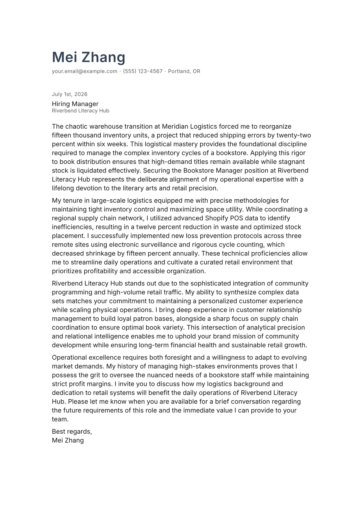 Book Store Manager cover letter in the Minimal design