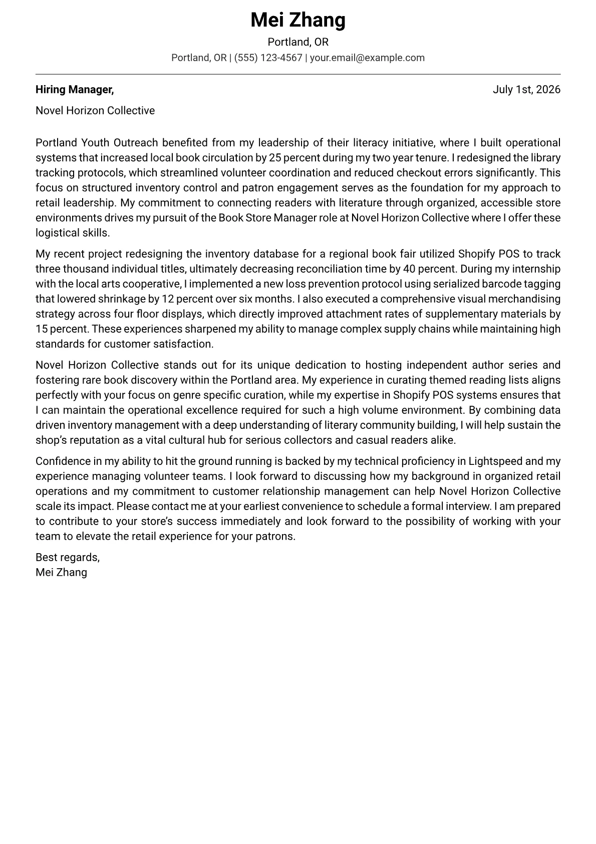 Book Store Manager cover letter in the Modern design