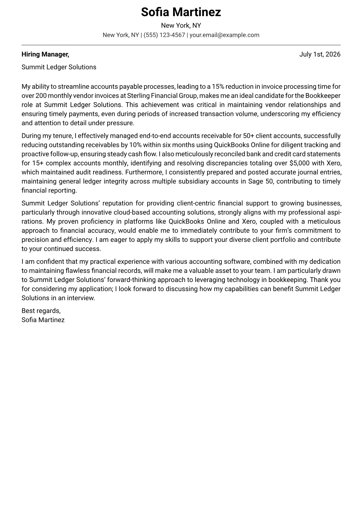 Bookkeeper cover letter formatted with a JobSprout template