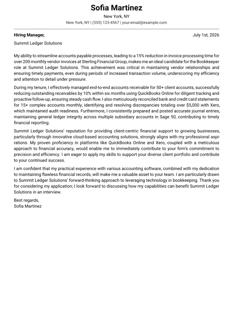 Bookkeeper Cover Letter Example