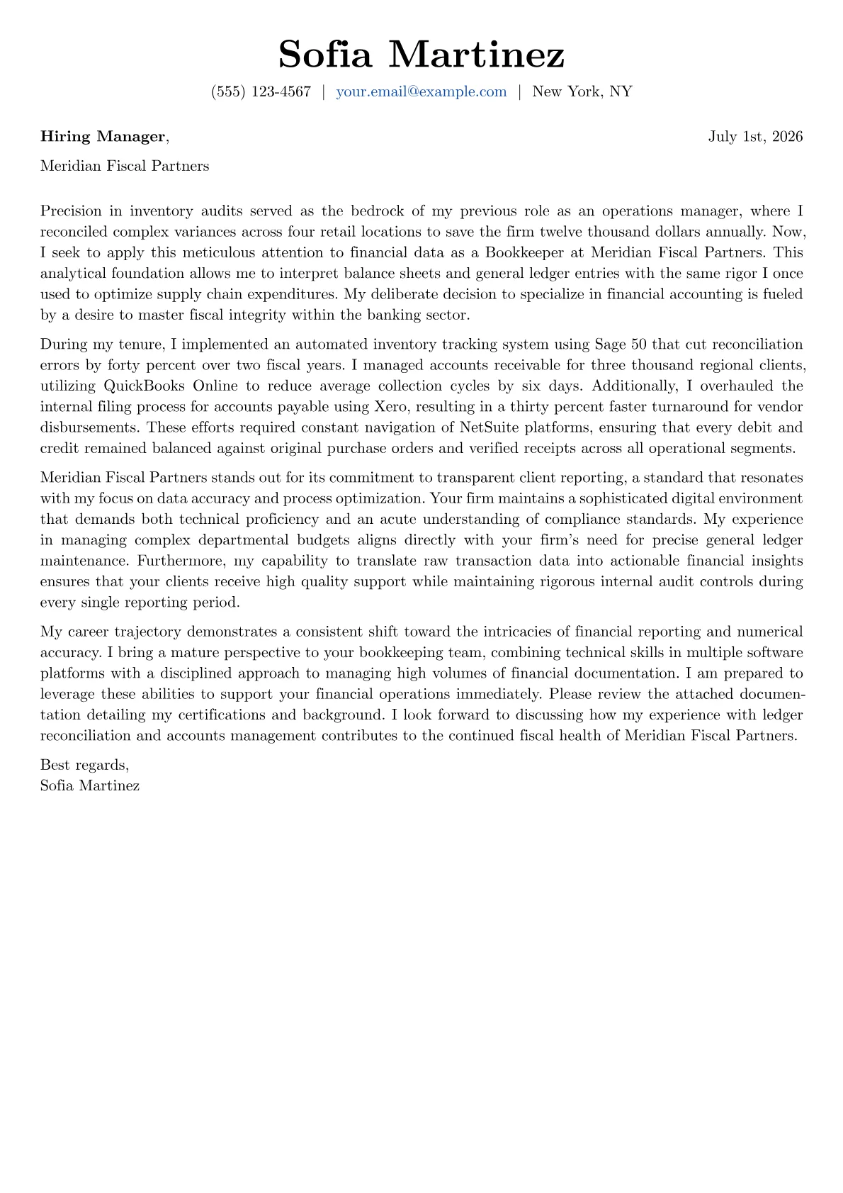 Bookkeeper cover letter in the Basic design