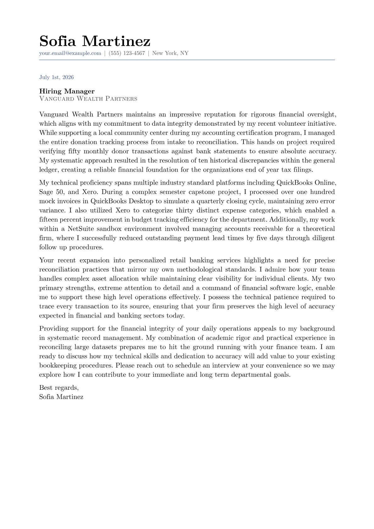 Bookkeeper cover letter in the Classic design