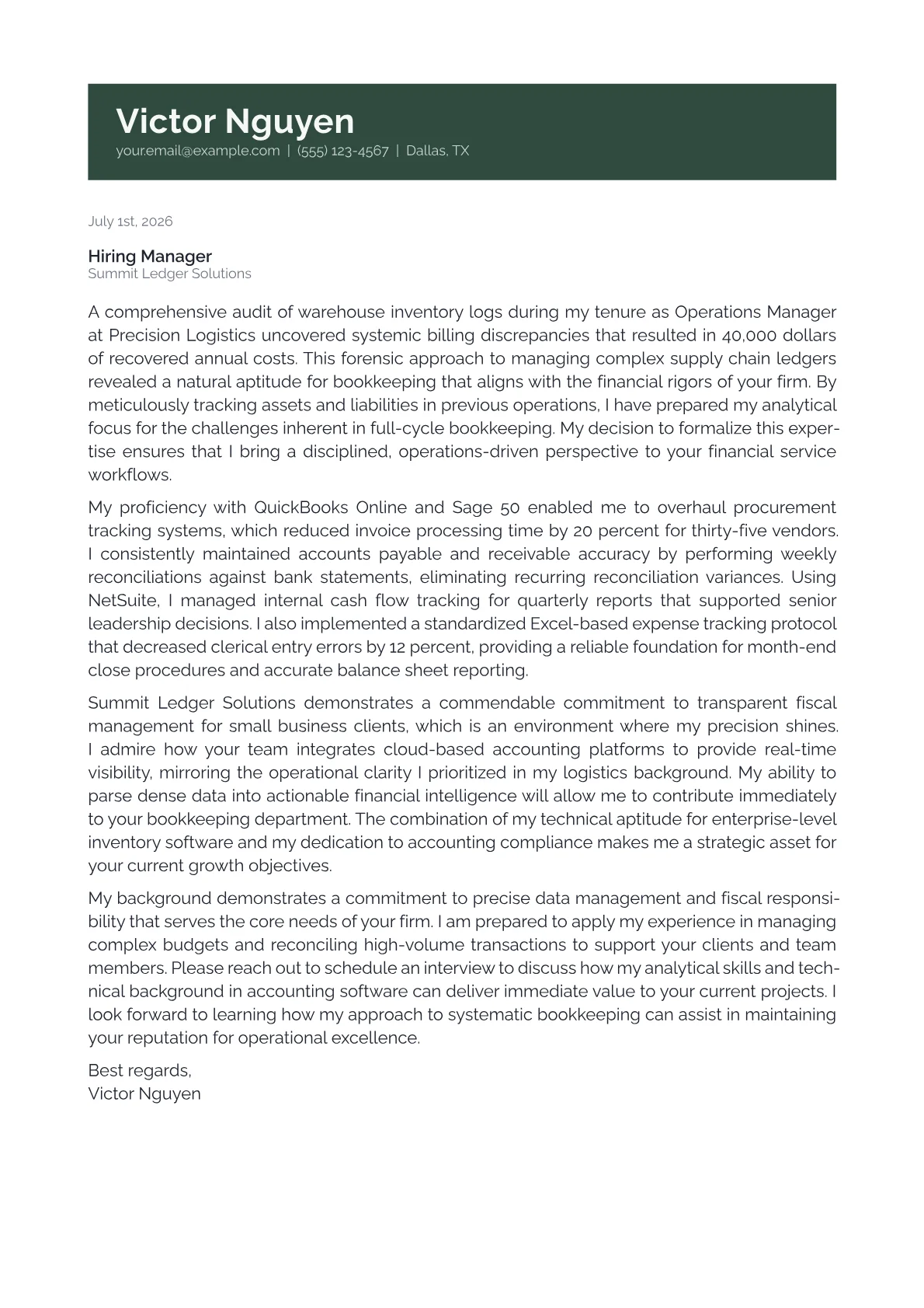Bookkeeping cover letter in the Banner design