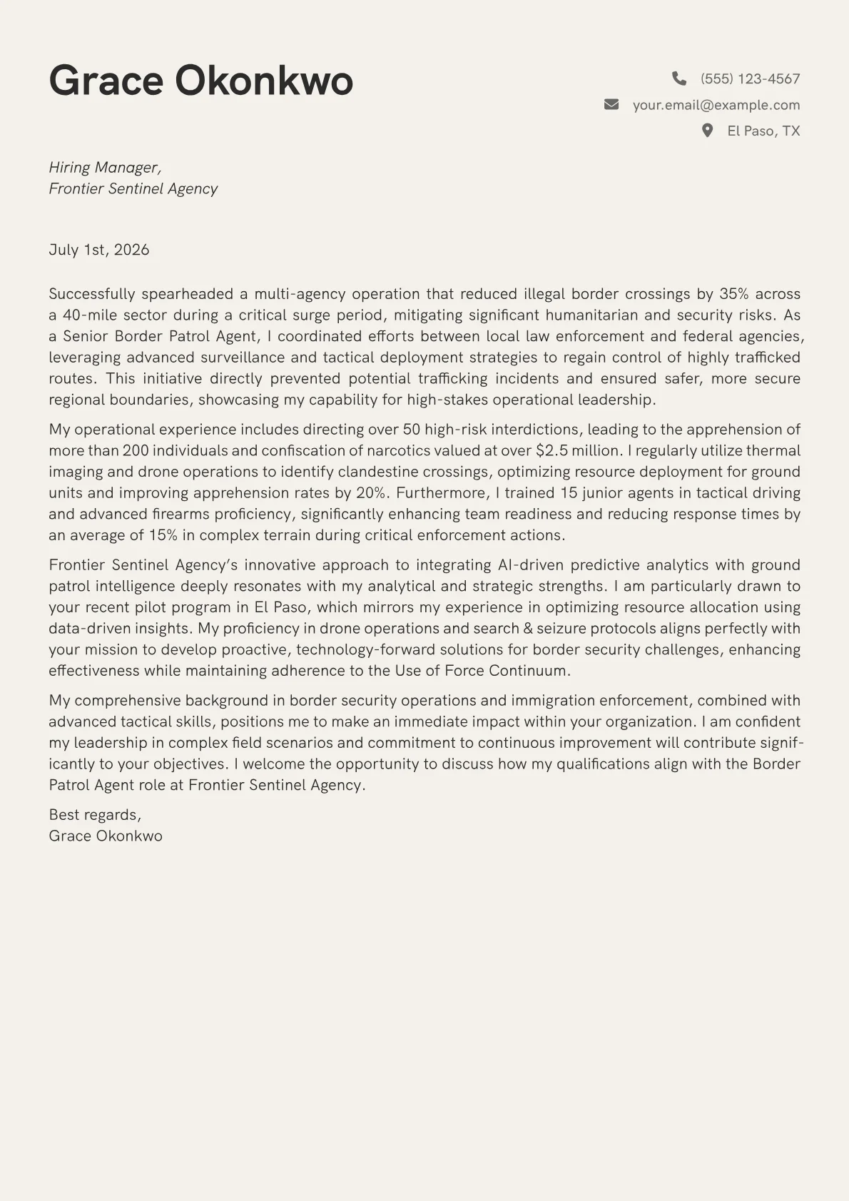 Border Patrol Agent cover letter formatted with a JobSprout template