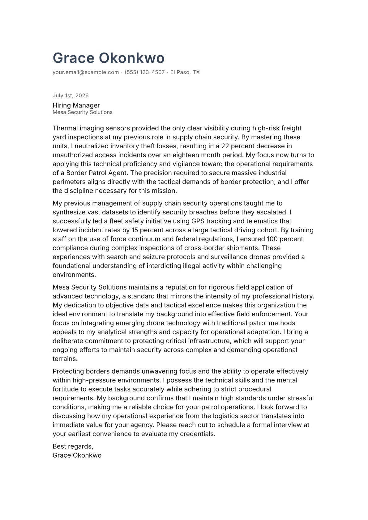 Border Patrol Agent cover letter in the Minimal design