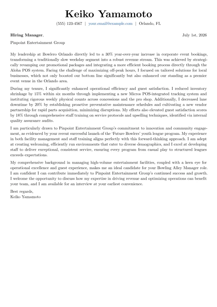 Bowling Alley Manager cover letter example preview
