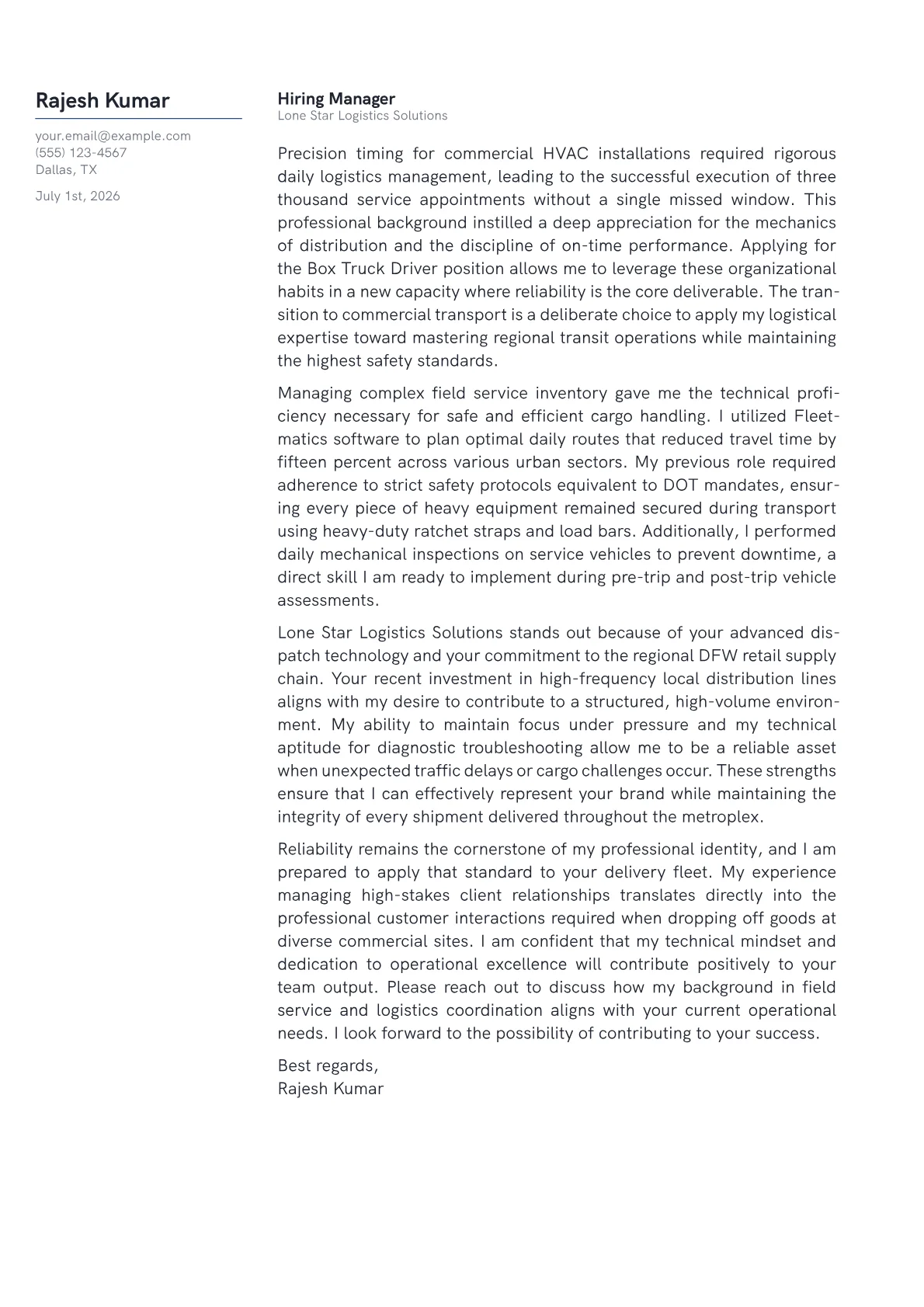 Box Truck Driver cover letter in the Margin design