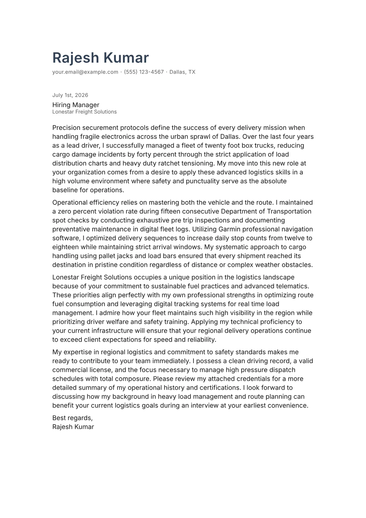 Box Truck Driver cover letter in the Minimal design