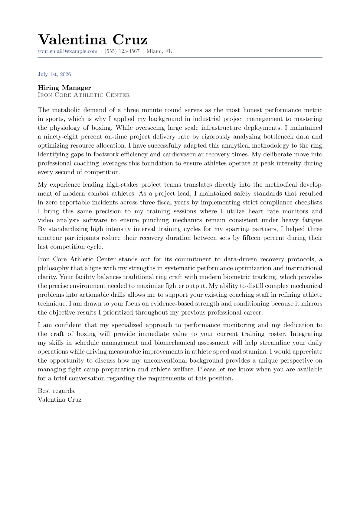 Boxing Trainer cover letter in the Classic design