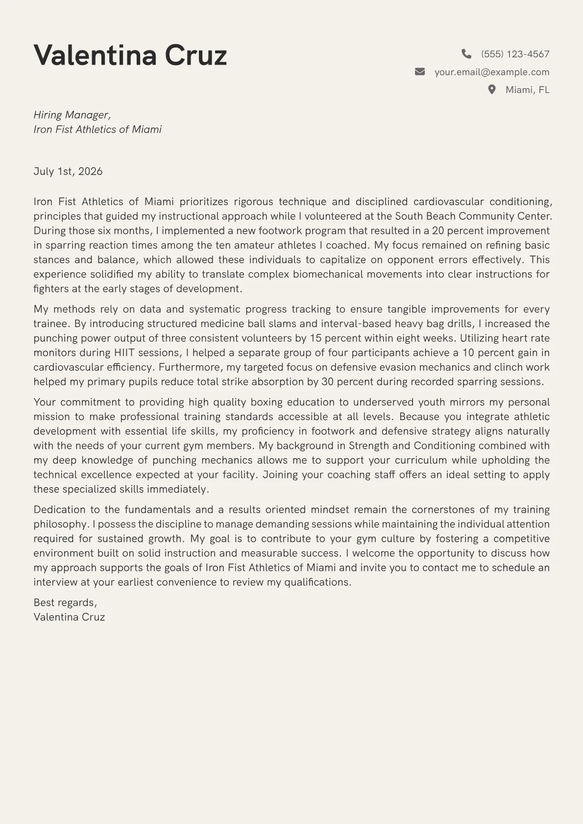 Boxing Trainer cover letter in the Creative design