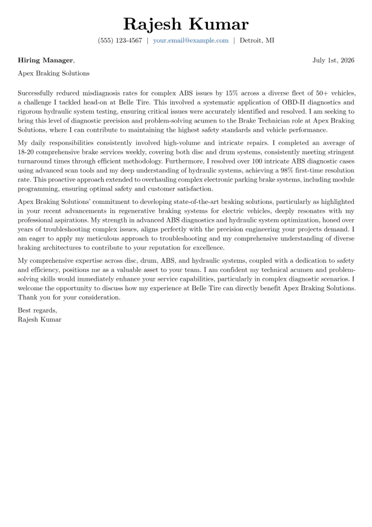 Brake Technician cover letter example preview