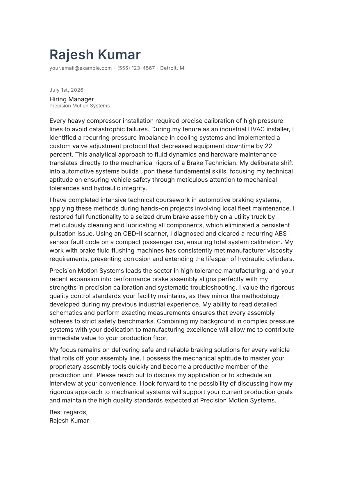 Brake Technician cover letter in the Minimal design