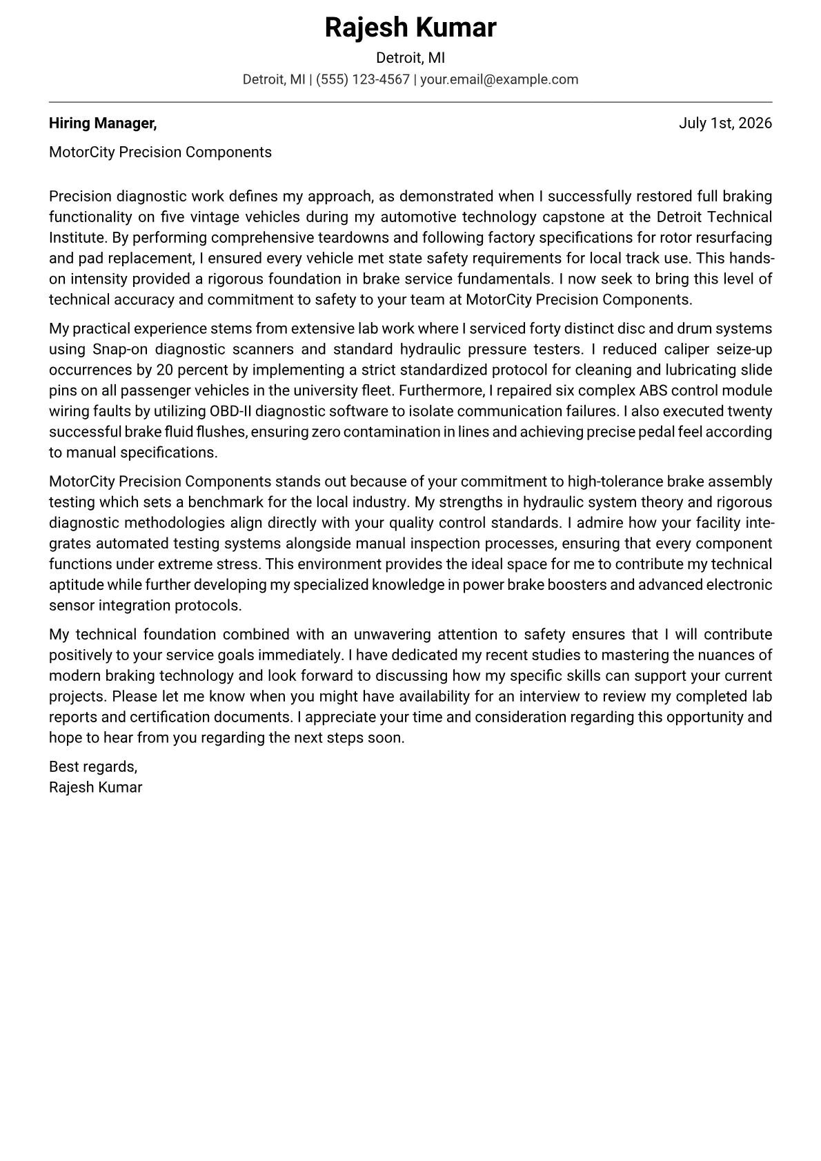 Brake Technician cover letter in the Modern design