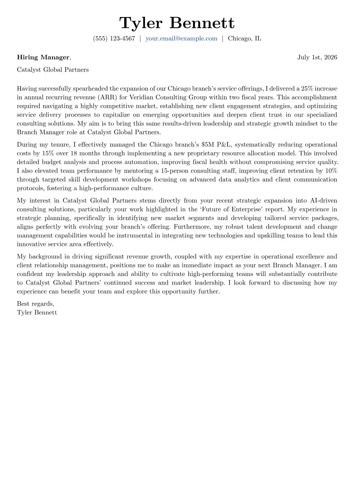 Branch Manager cover letter formatted with a JobSprout template