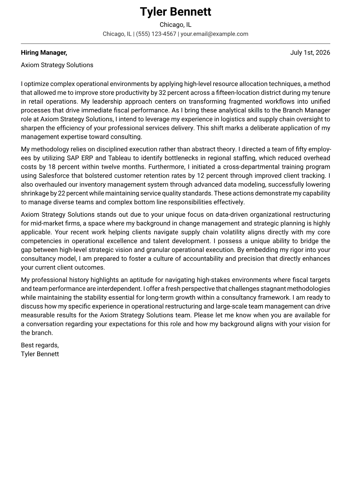 Branch Manager cover letter in the Modern design