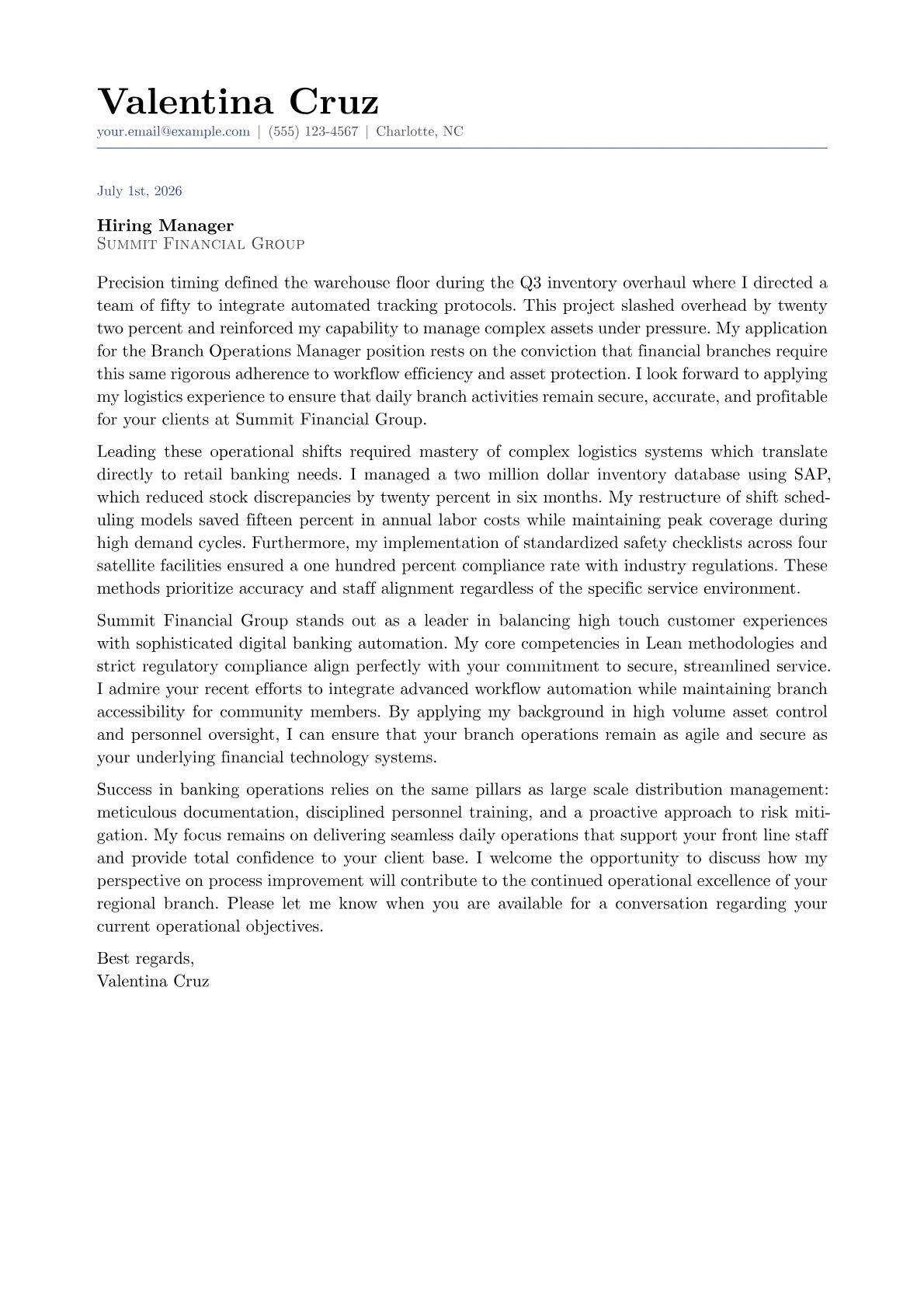 Branch Operations Manager cover letter in the Classic design
