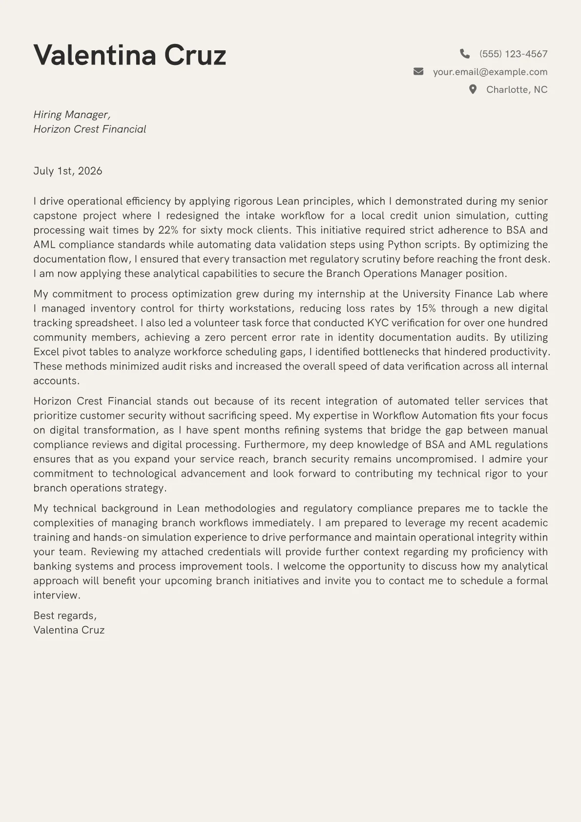 Branch Operations Manager cover letter in the Creative design