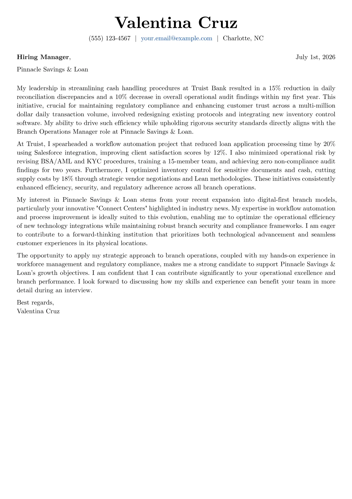 Branch Operations Manager cover letter formatted with a JobSprout template
