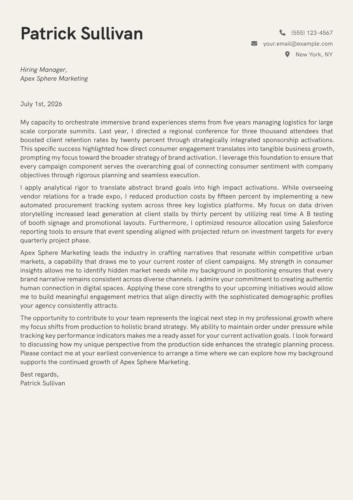 Brand Activation Manager cover letter in the Creative design