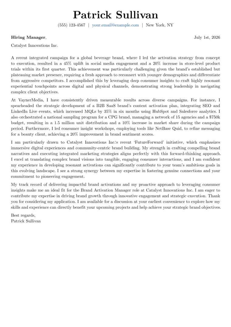 Brand Activation Manager Cover Letter Example