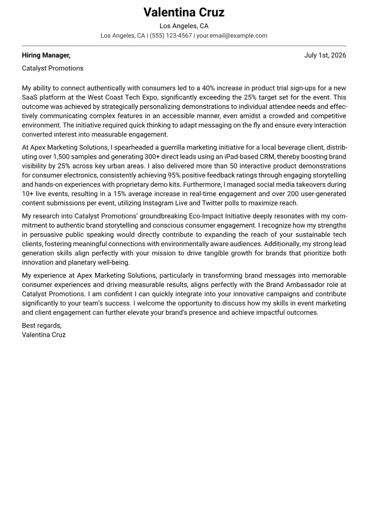 Brand Ambassador cover letter example