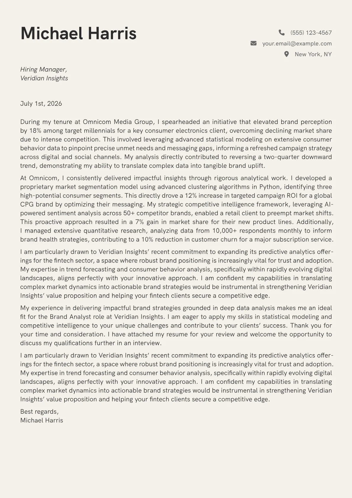 Brand Analyst cover letter formatted with a JobSprout template