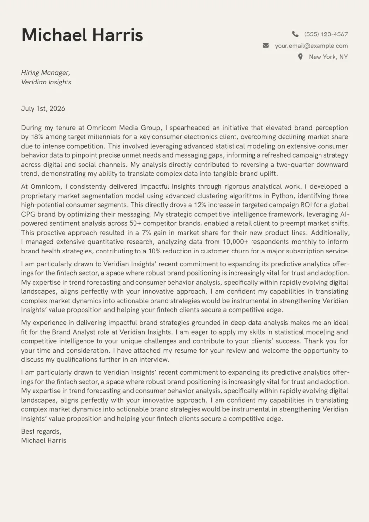 Brand Analyst cover letter example preview