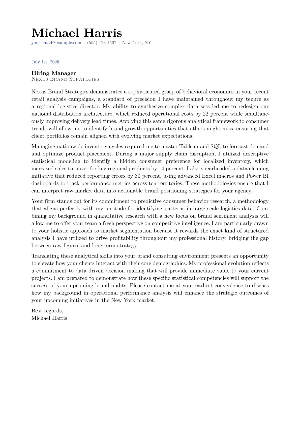 Brand Analyst cover letter in the Classic design