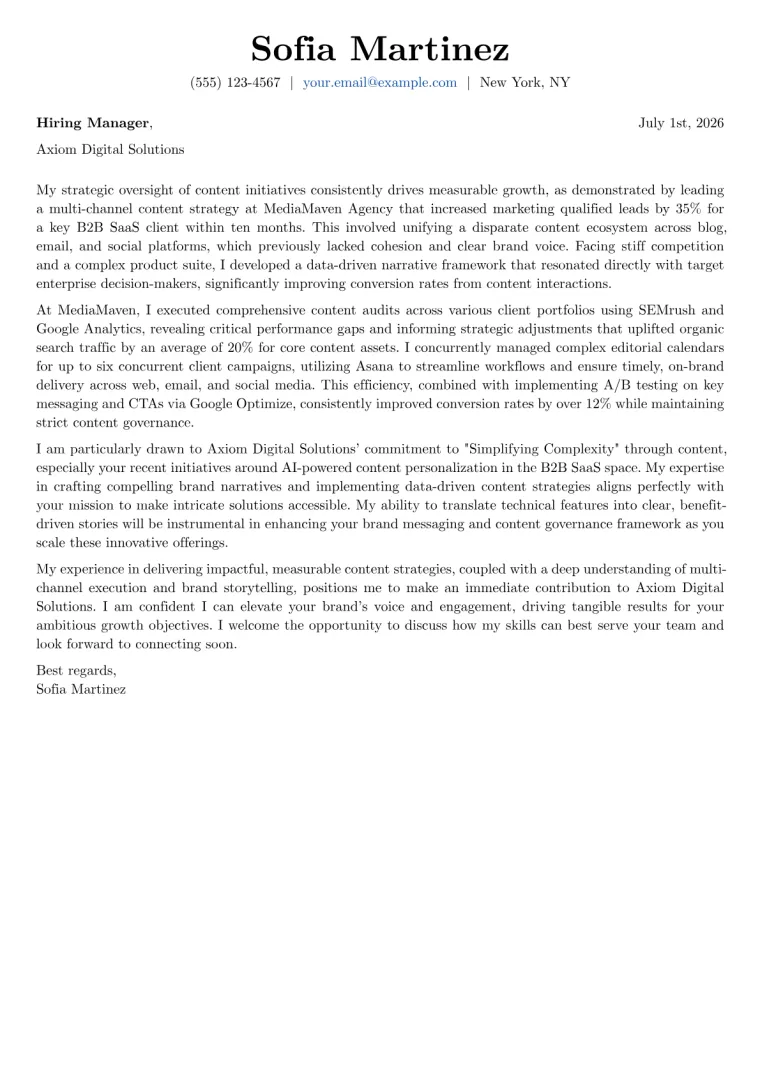 Brand Content Manager cover letter example preview