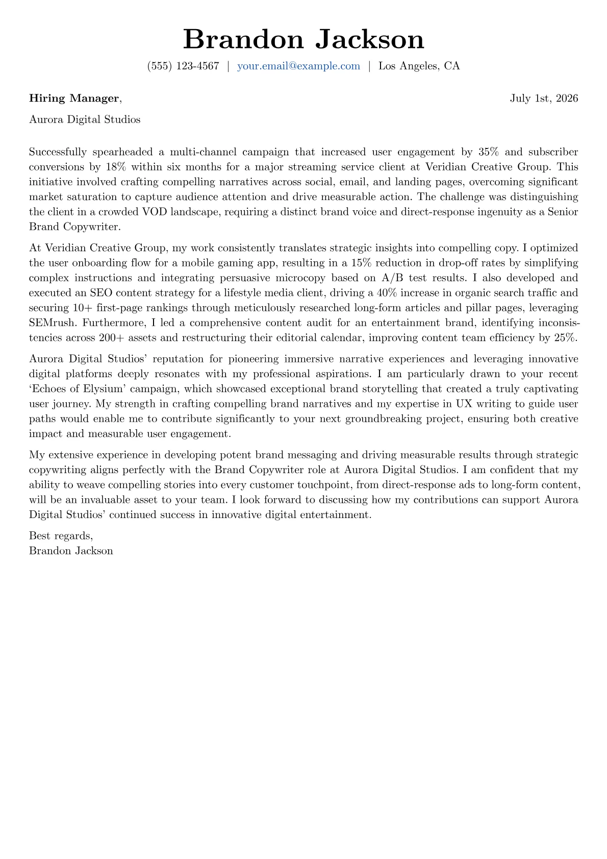 Brand Copywriter cover letter formatted with a JobSprout template