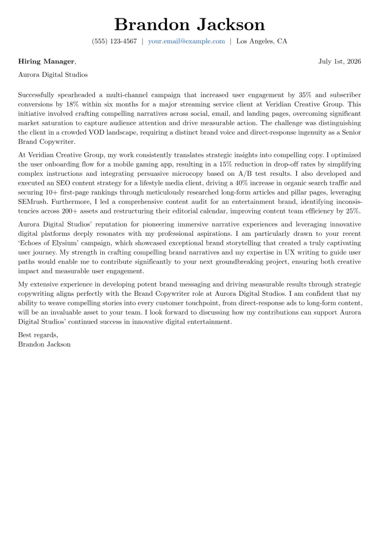 Brand Copywriter cover letter example preview