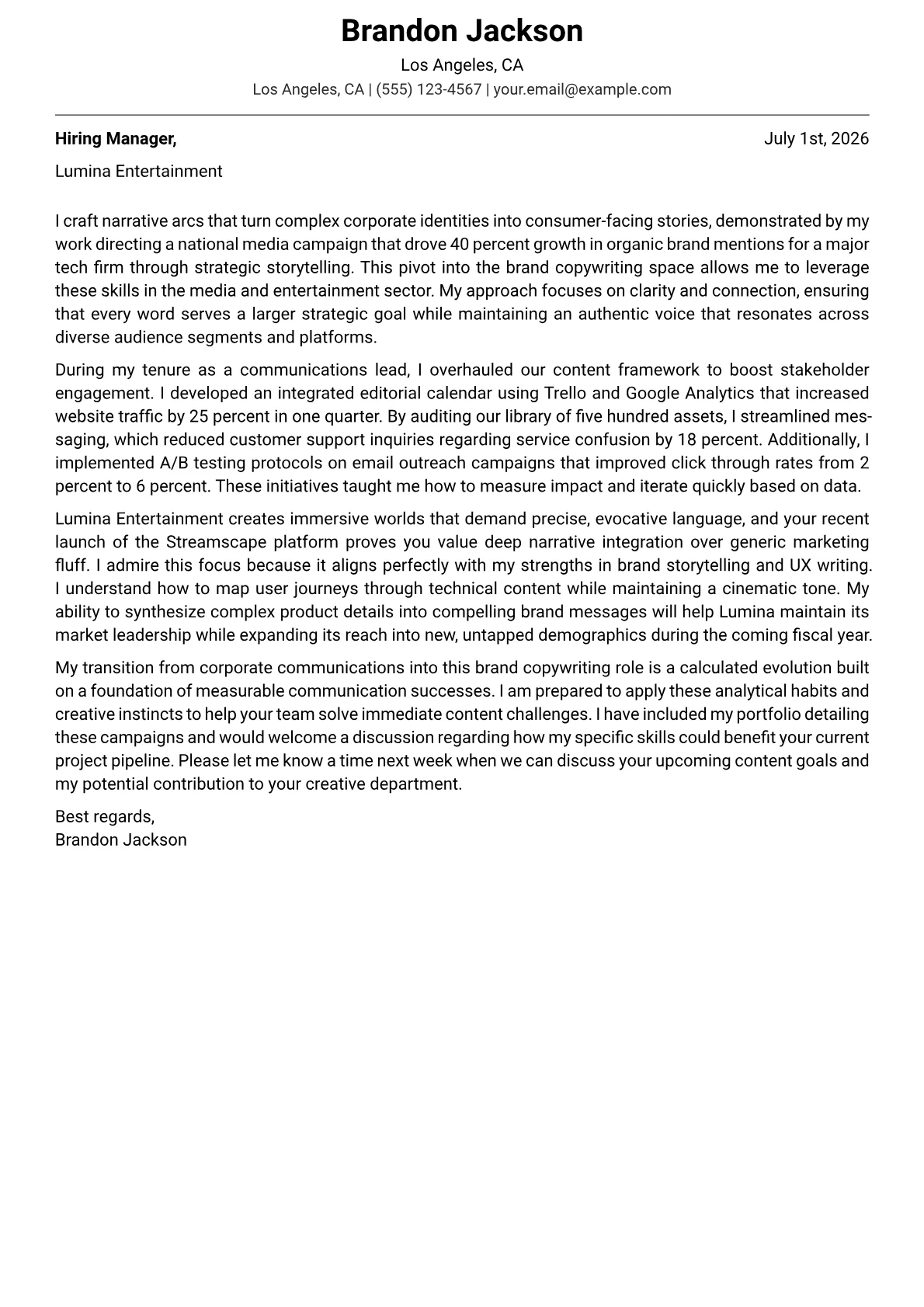 Brand Copywriter cover letter in the Modern design