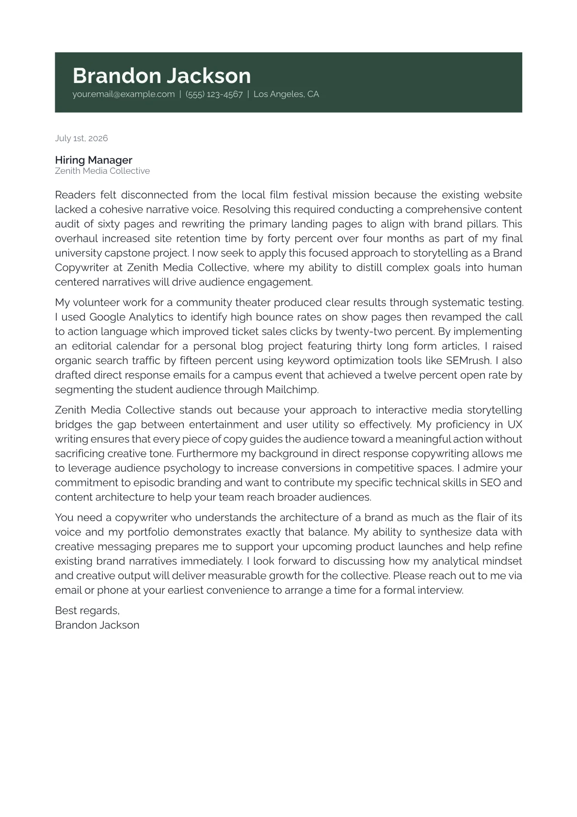 Brand Copywriter cover letter in the Banner design