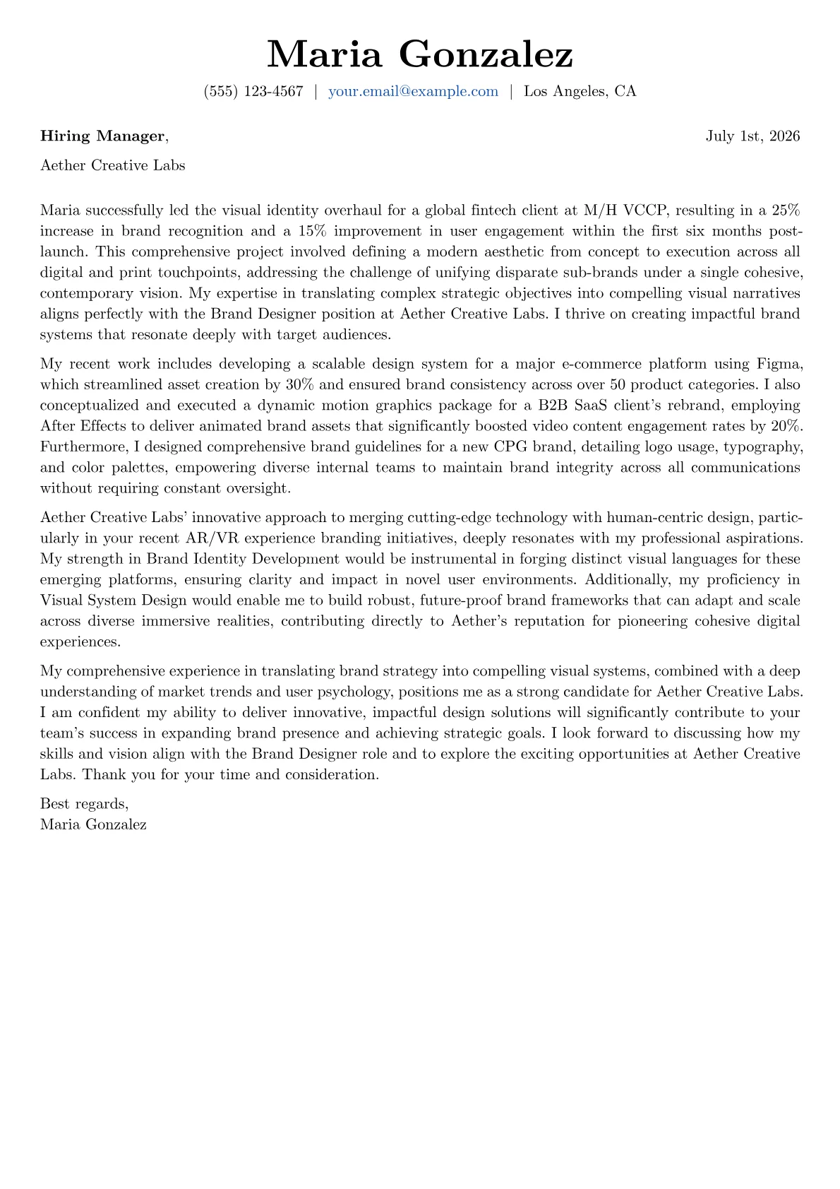 Brand Designer cover letter formatted with a JobSprout template