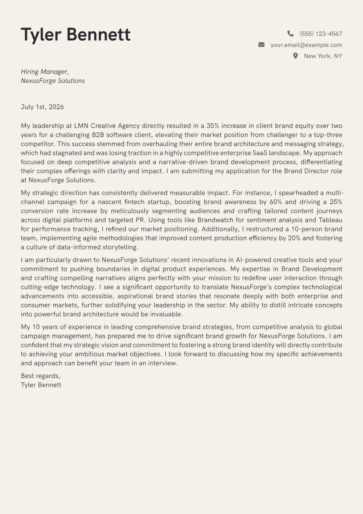 Brand Director cover letter formatted with a JobSprout template
