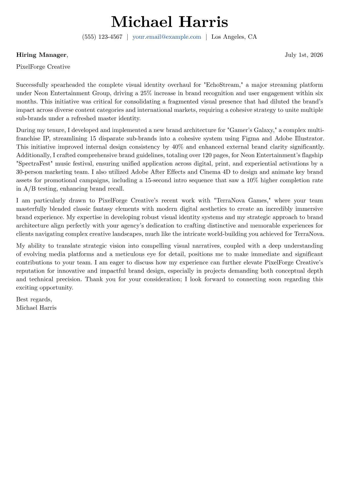 Brand Identity Designer cover letter formatted with a JobSprout template