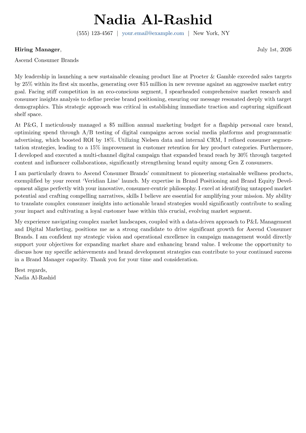 Brand Manager cover letter formatted with a JobSprout template