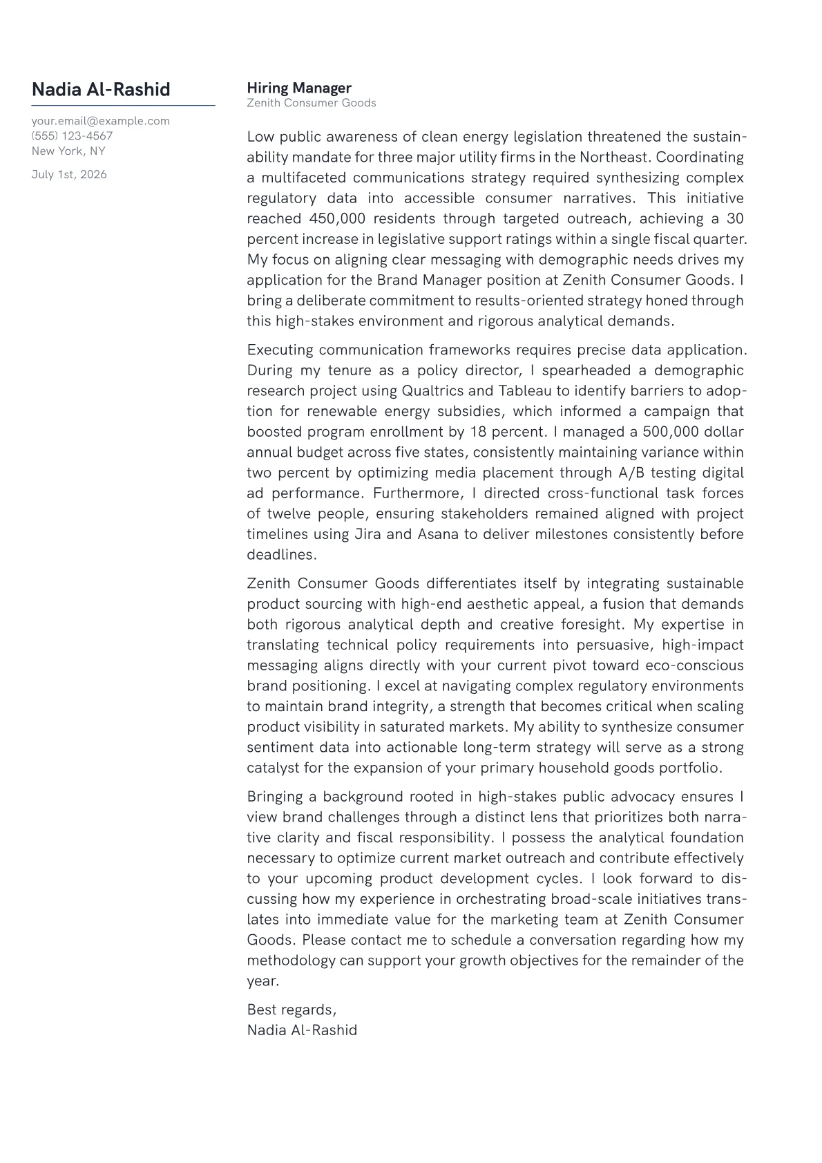 Brand Manager cover letter in the Margin design