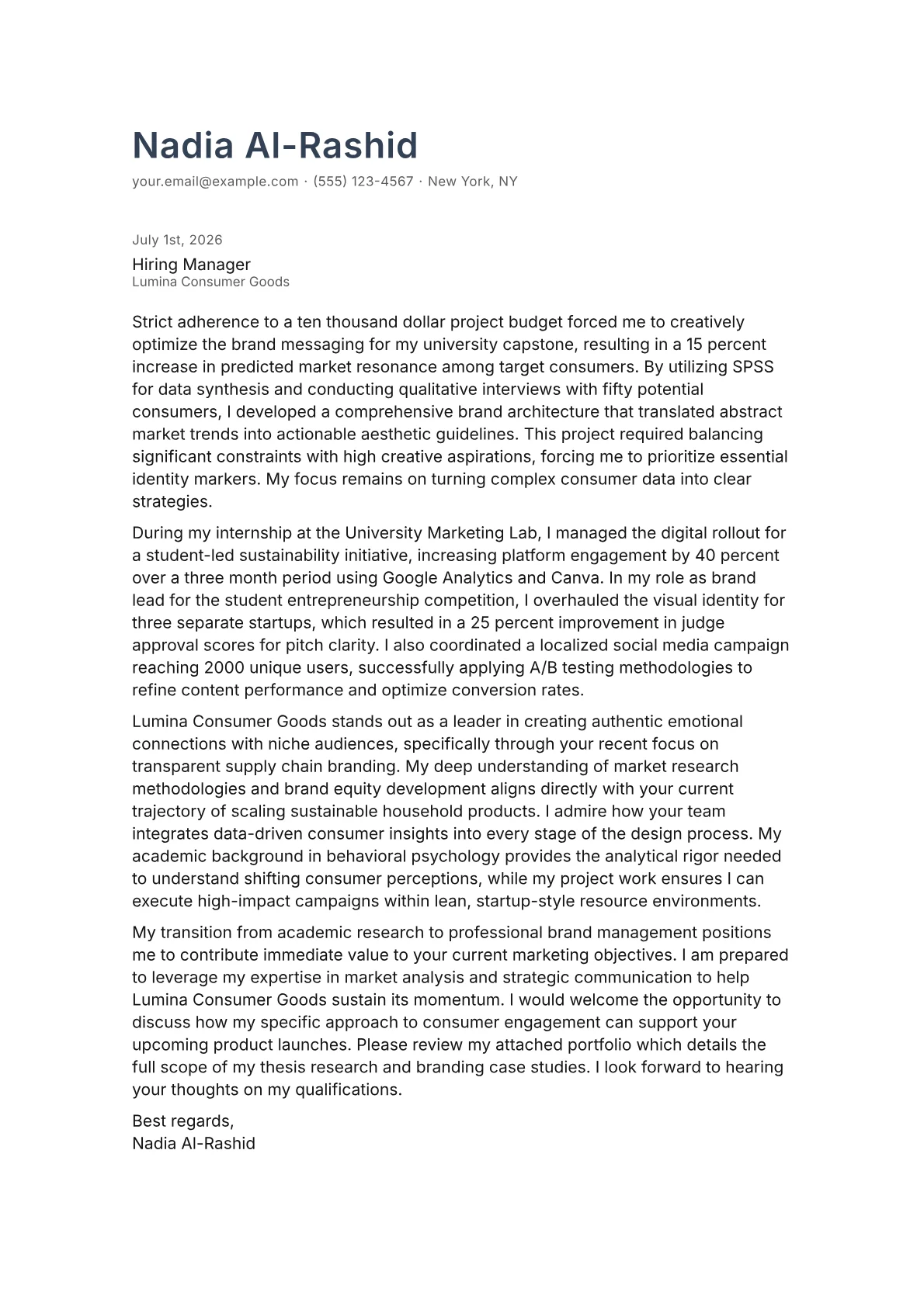 Brand Manager cover letter in the Minimal design