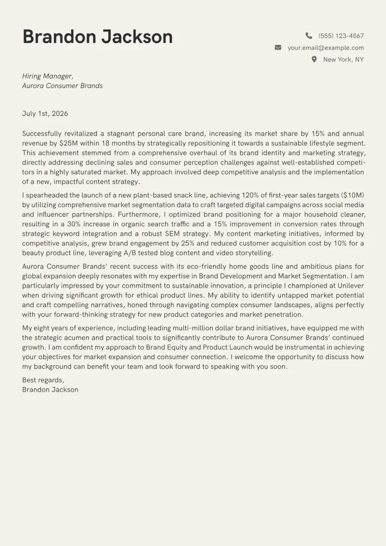 Brand Marketing Manager cover letter example