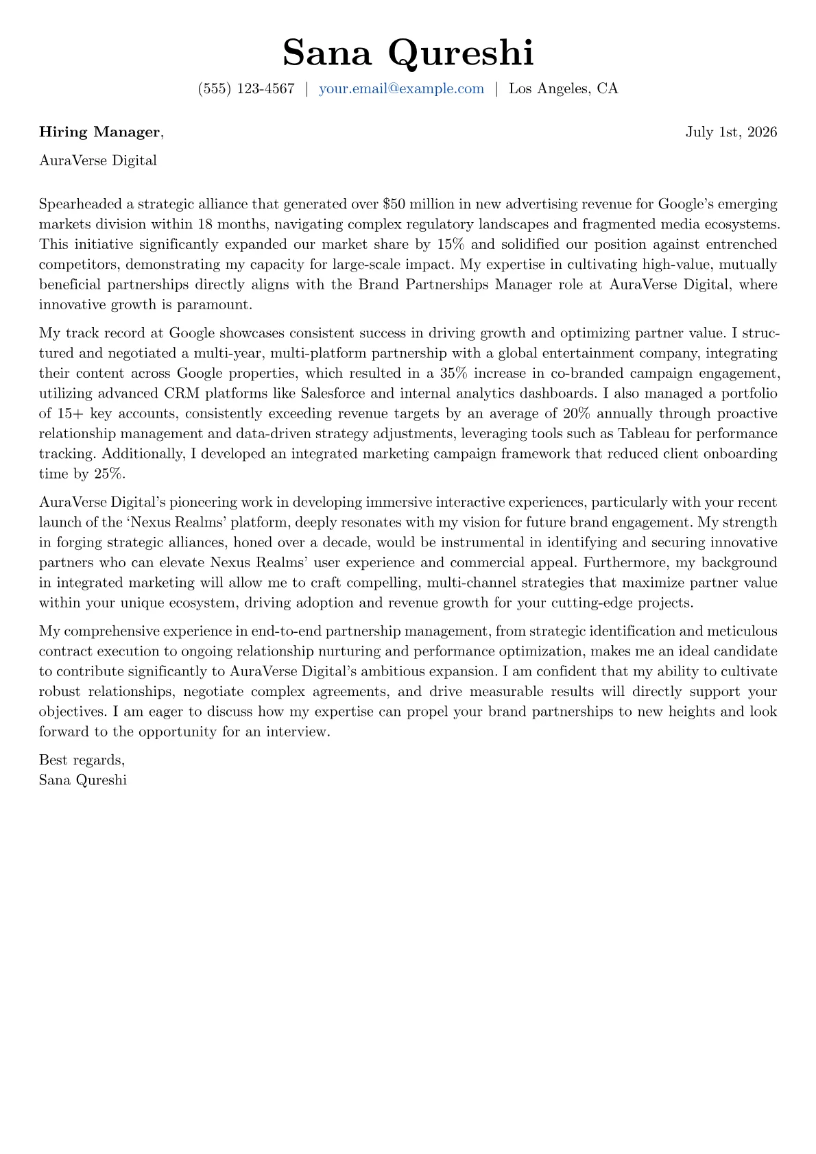 Brand Partnerships Manager cover letter formatted with a JobSprout template