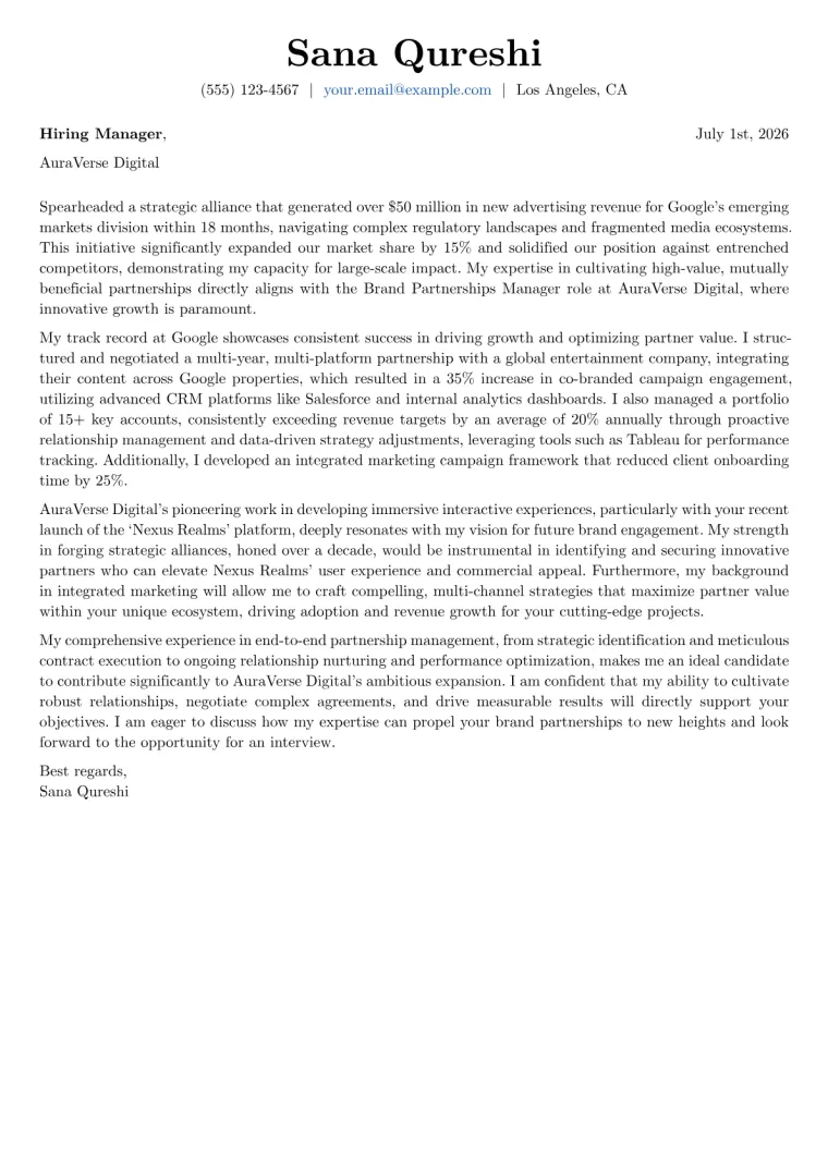 Brand Partnerships Manager cover letter example preview